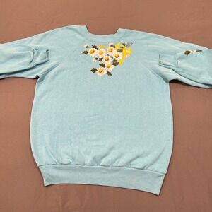 Vintage Pannill Sweatshirt Large Blue Embroidered Daisy Floral 80s Made in USA